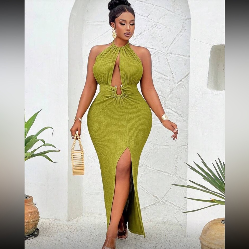 SHEIN Olive Backless Halter Dress